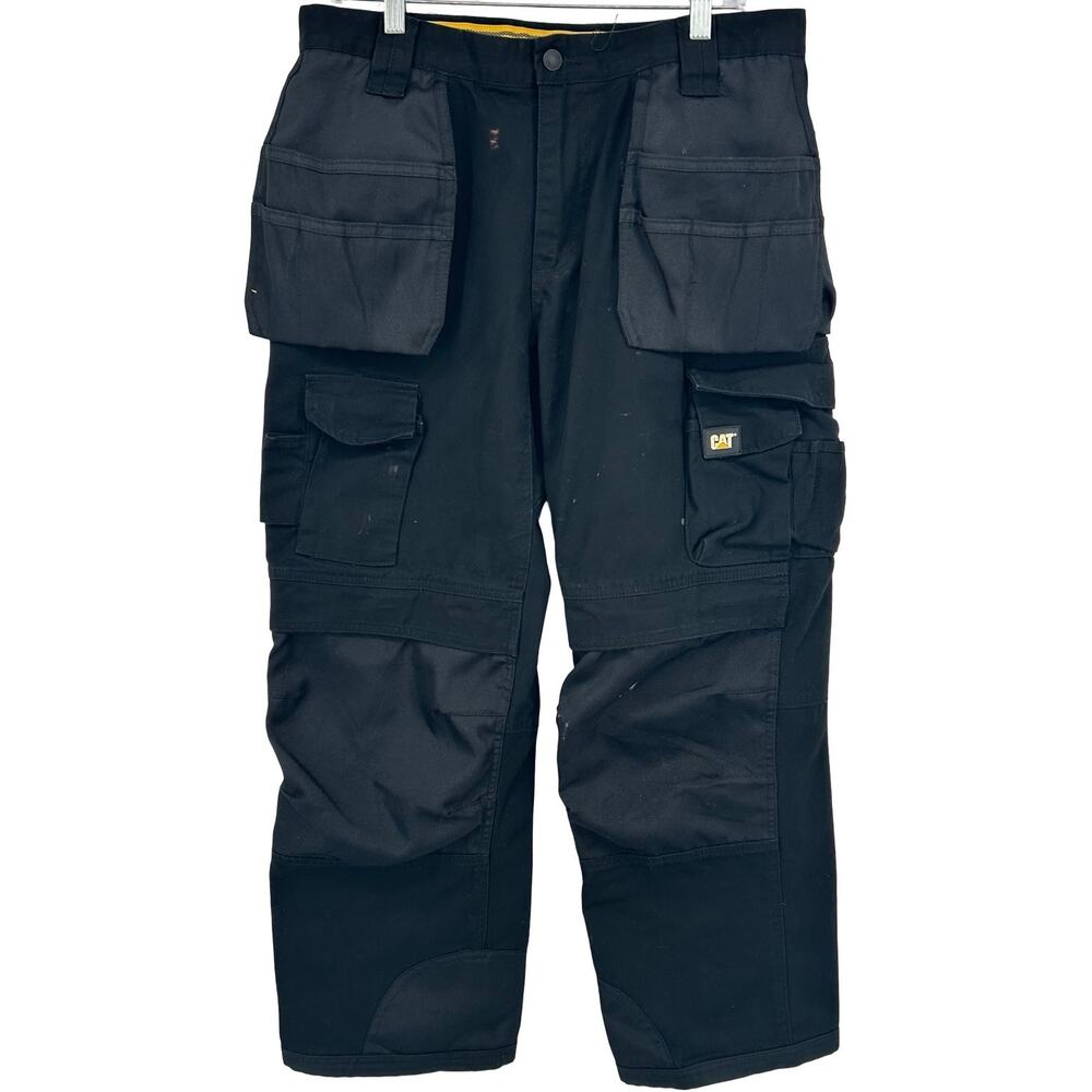 Men's Black CAT Caterpillar Cargo Workwear Trademark Trousers Pouches 34x30